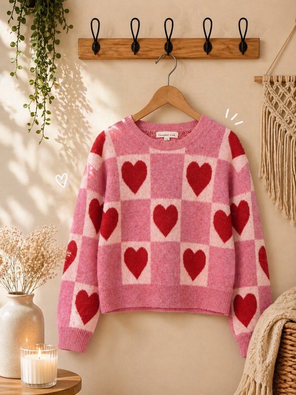 Pink Heart-Print Cozy Sweater